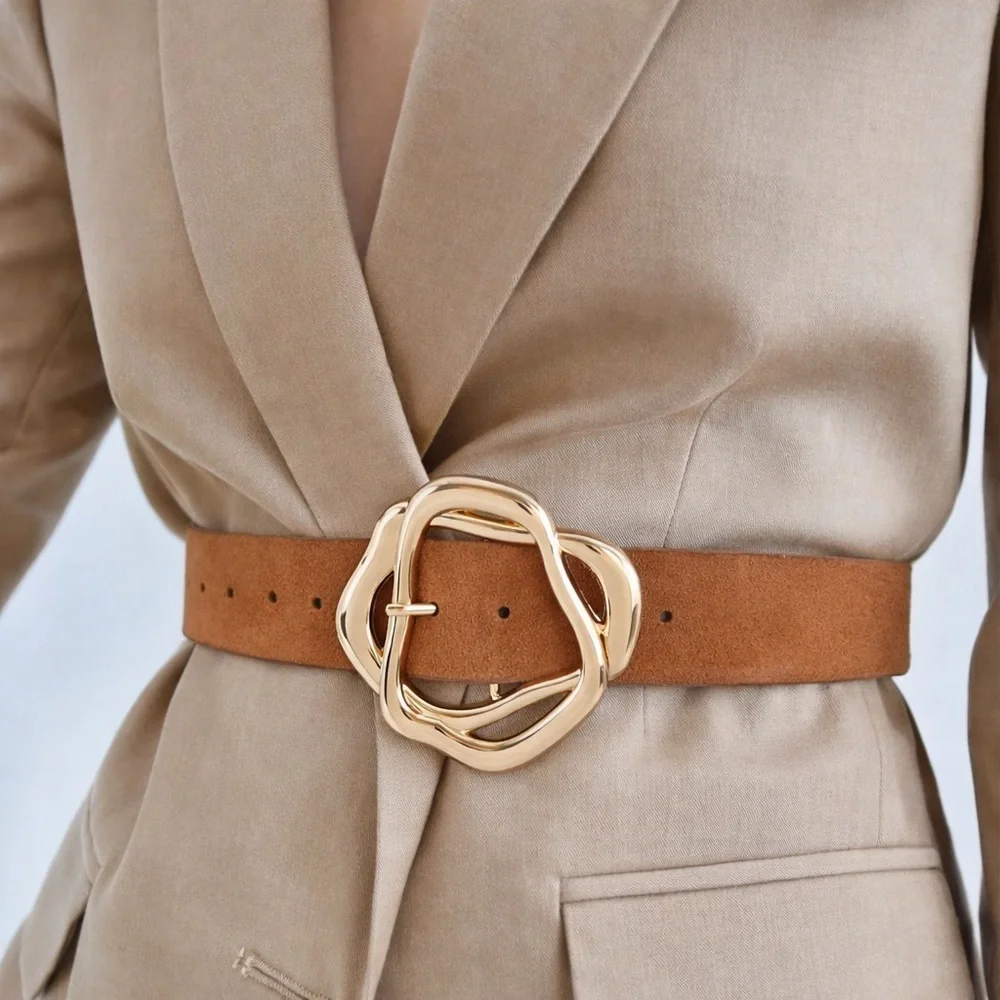 Suede Abstract Buckle Belt - Camel